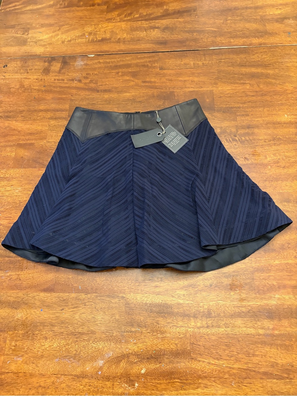 Rag & Bone Navy Mesh Leather Trim Flare Mini Skirt Size 2 NWT